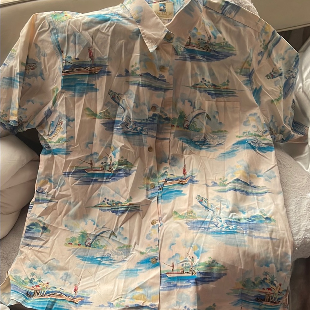 Kahala Hawaiian button down pocket fishing theme short sleeve shirt